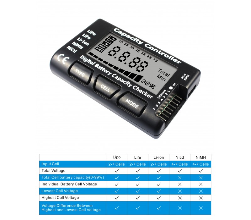 Digital Battery Capacity Checker RC Cell Meter 7 Cellmeter LiPo LiFe Li-ion NiMH